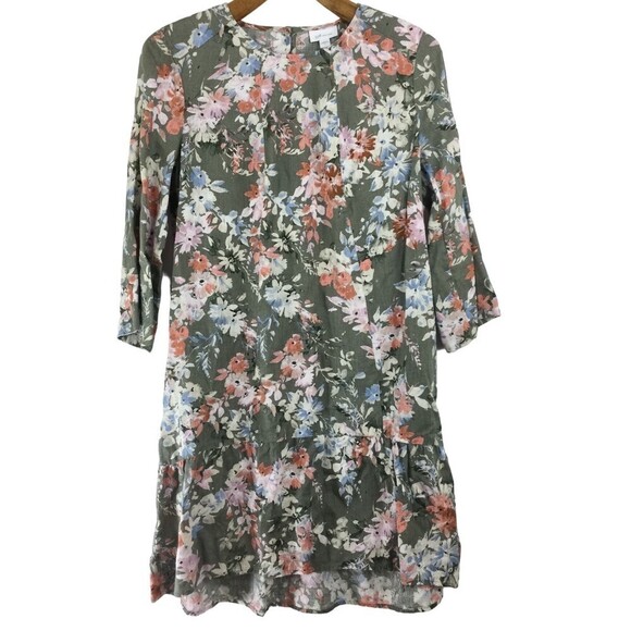 J. Jill Love Linen Women Floral Caraway Fresh Bloom Ruffle Hem Dress Green Small - Picture 1 of 12